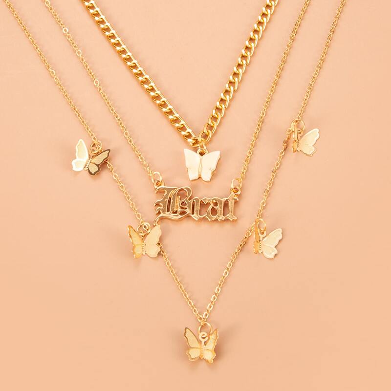 

Butterfly & Letter Design Layered Necklace, Gold