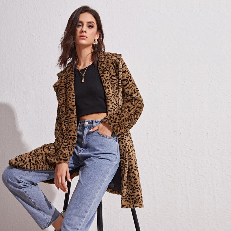 

Button Front Leopard Flannel Coat, Brown