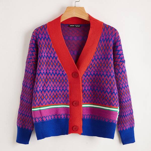 

Drop Shoulder Argyle Cardigan, Violet purple