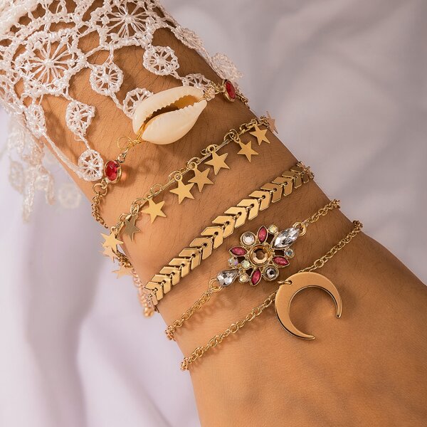 

5pcs Shell & Moon Decor Bracelet, Gold