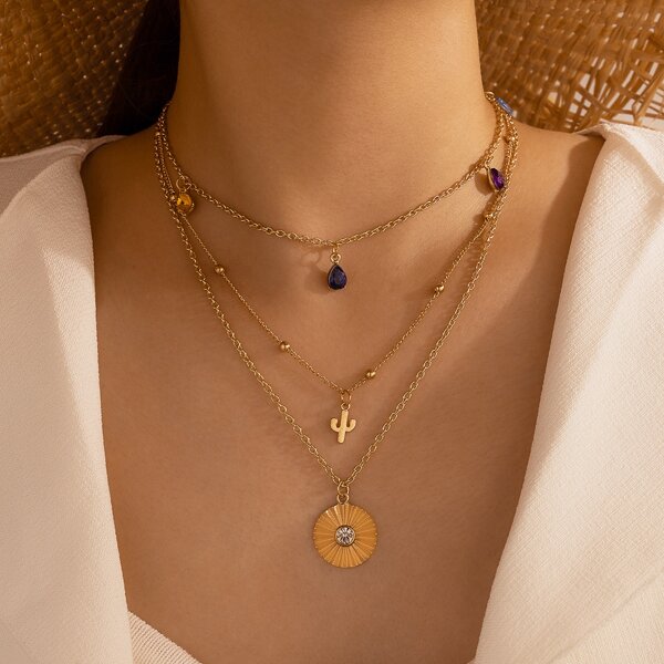 

1pc Water-drop Rhinestone Charm Layered Necklace, Gold