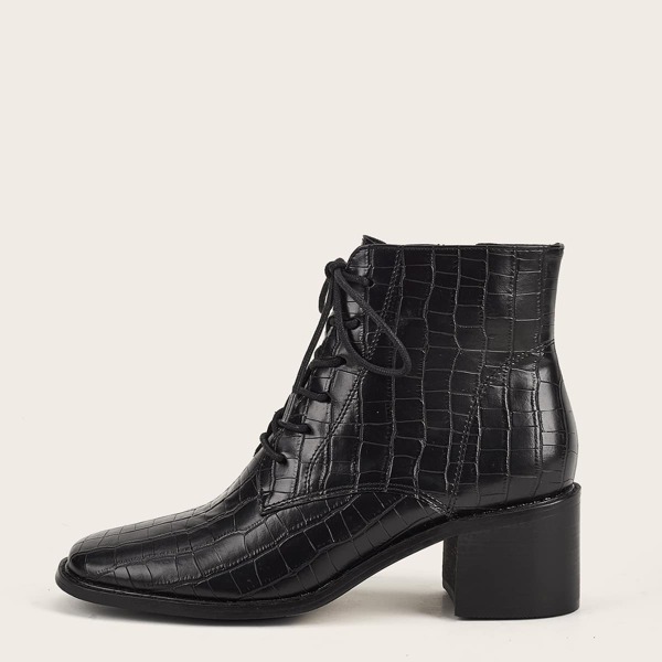 

Square Toe Crocodile Ankle Boots, Black