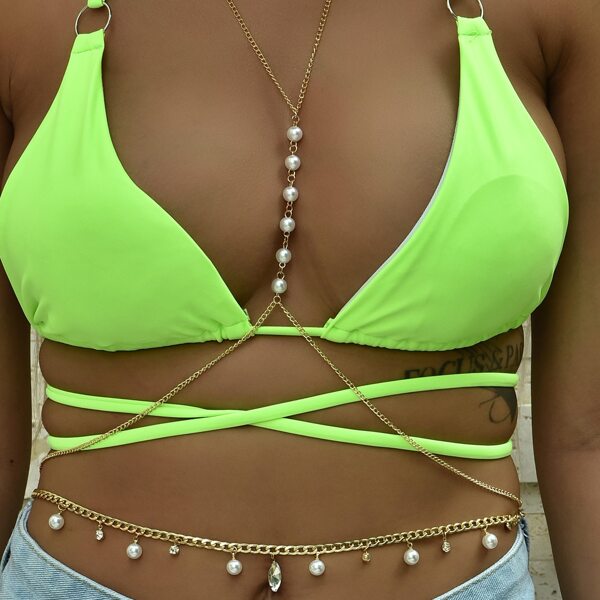 

2pcs Faux Pearl Decor Body Chain, Gold