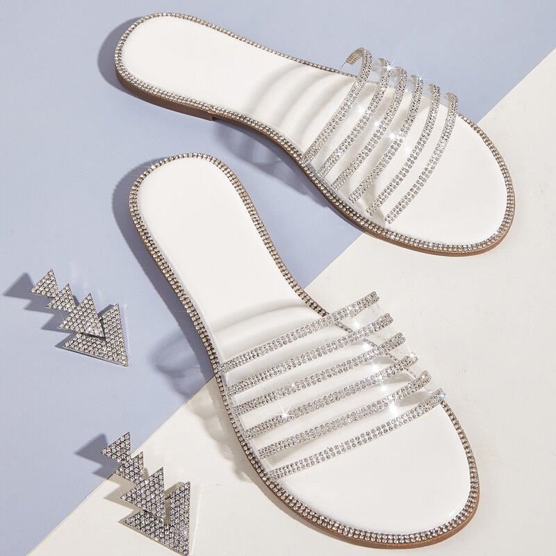 

Rhinestone Decor Slide Sandals, White