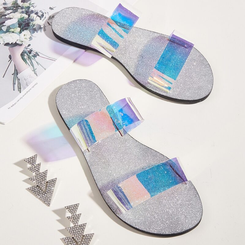 

Holographic Glitter Decor Slide Sandals, Bright