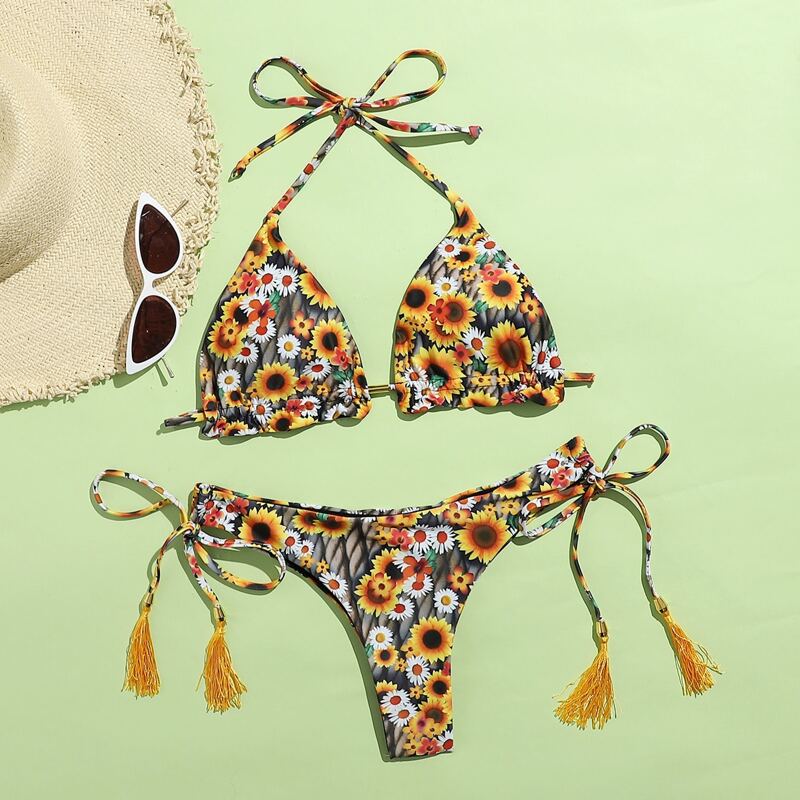 

Floral Tassel Decor Thong Bikini Swimsuit, Multicolor