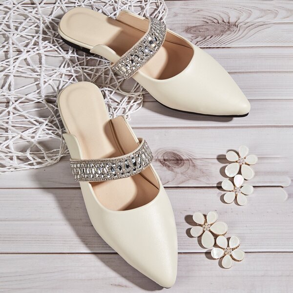 

Point Toe Rhinestone Decor Mules, Beige