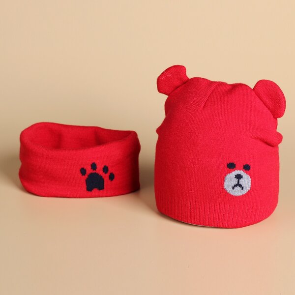 

1pc Baby Cartoon Graphic Beanie & 1pc Infinity Scarf, Red