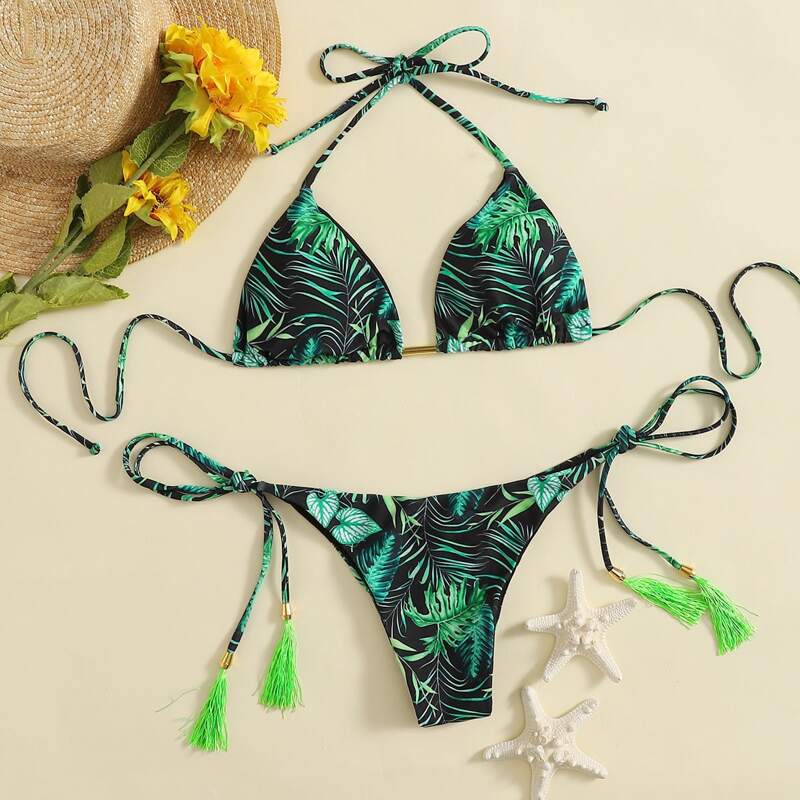 

Tropical Leaf Tassel Decor Thong Bikini Swimsuit, Multicolor