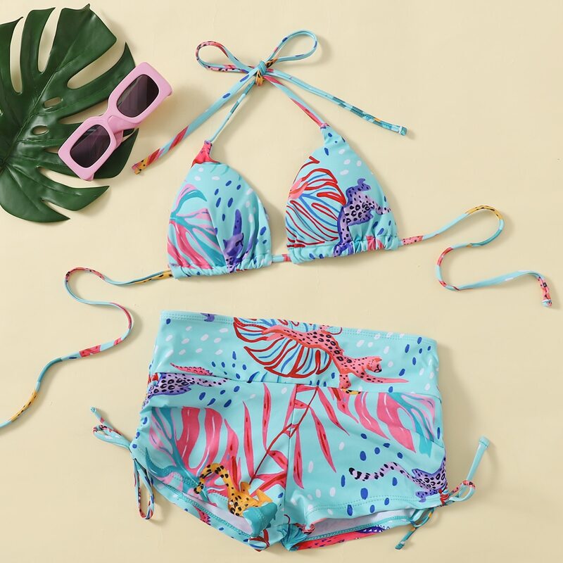 

Leaf & Animal Print Drawstring Side Bikini Swimsuit, Baby blue