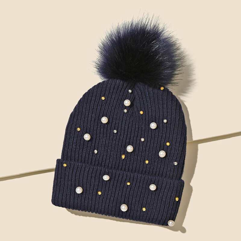 

Faux Pearl Decor Beanie, Blue