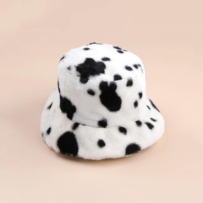 

Cow Print Fluffy Bucket Hat, Black and white