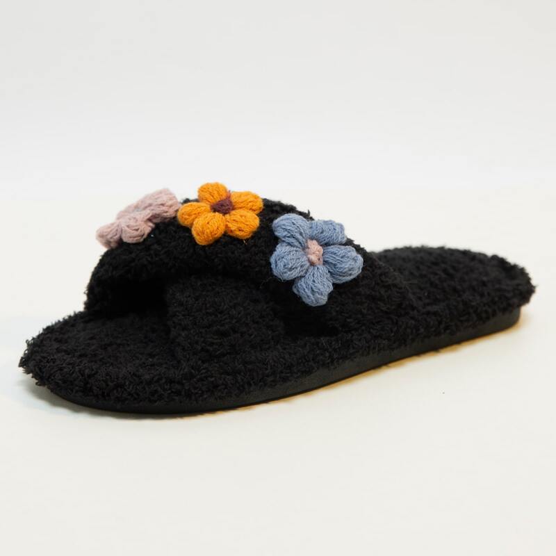 

Floral Cross Strap Fluffy Slippers, Black