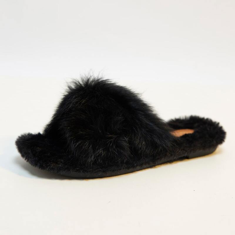 

Cross Strap Fluffy Slippers, Black