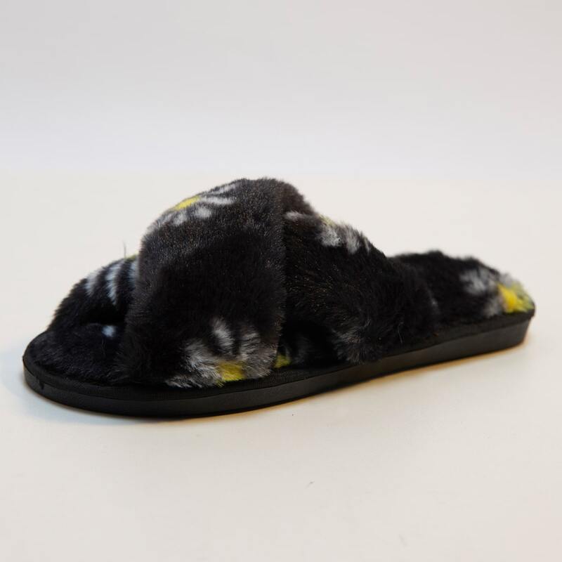 

Daisy Print Fluffy Slippers, Black