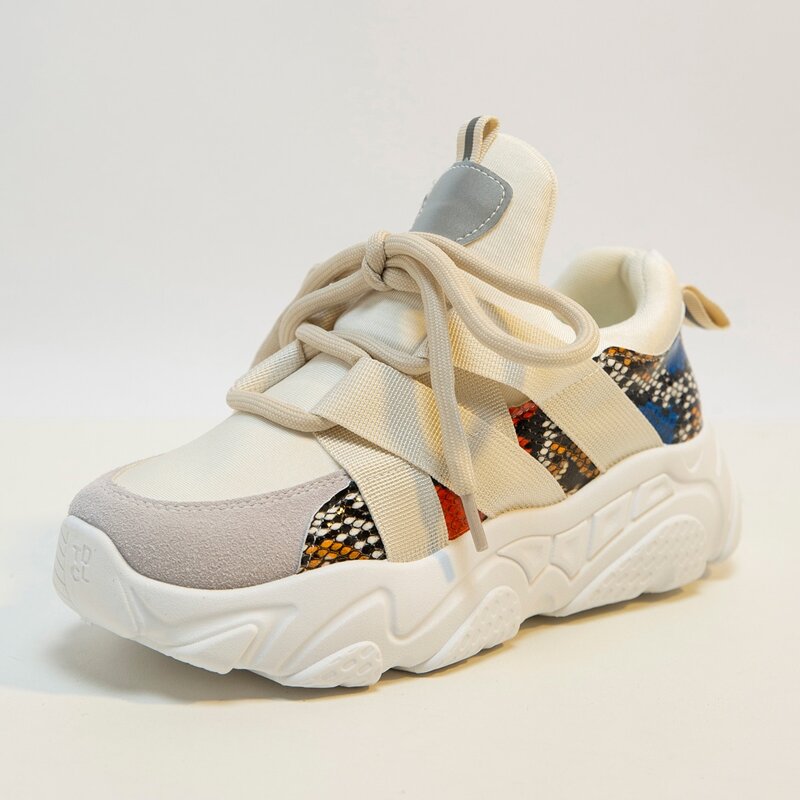 

Snakeskin Print Lace Up Chunky Sneakers, Beige