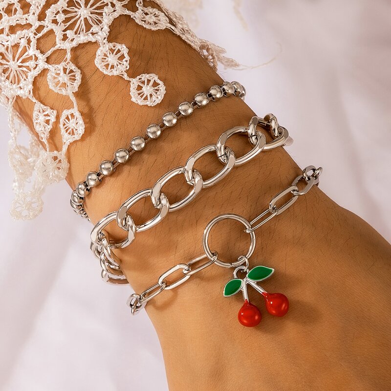

3pcs Cherry Decor Chain Bracelet, Silver