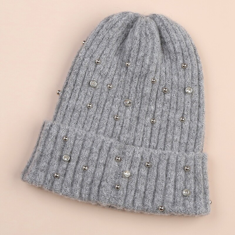

Rhinestone Decor Knitted Beanie, Grey