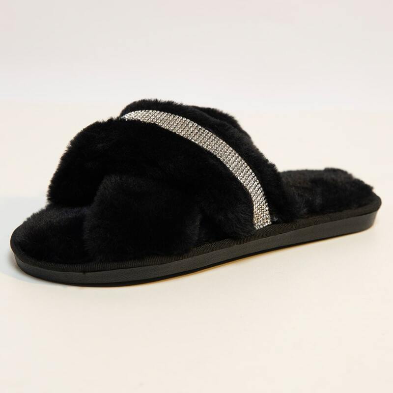 

Rhinestone Decor Cross Strap Fluffy Slippers, Black