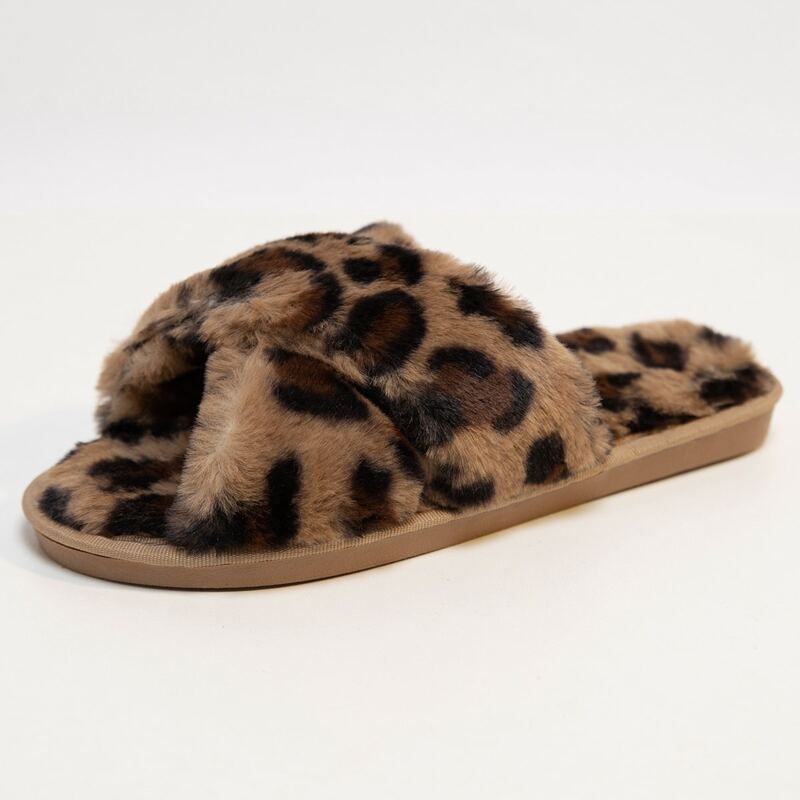 

Leopard Cross Strap Fluffy Slippers, Brown