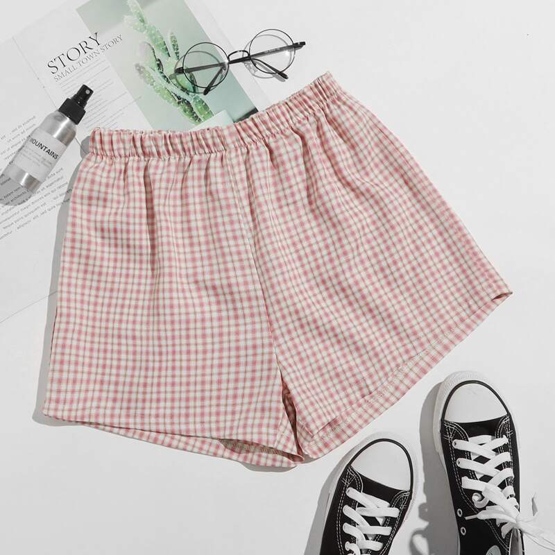 

Plaid Elastic Waist Shorts, Baby pink