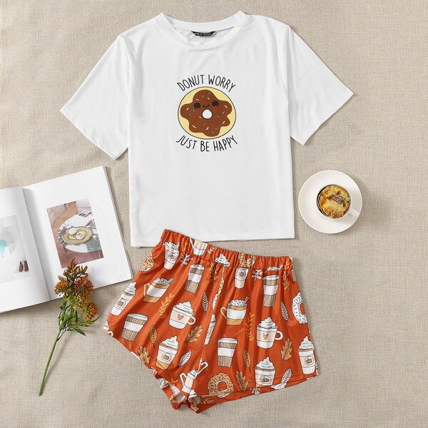 

Donut And Slogan Graphic Pajama Set, Multicolor