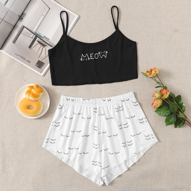 

Cartoon Cat And Letter Graphic Pajama Set, Black and white