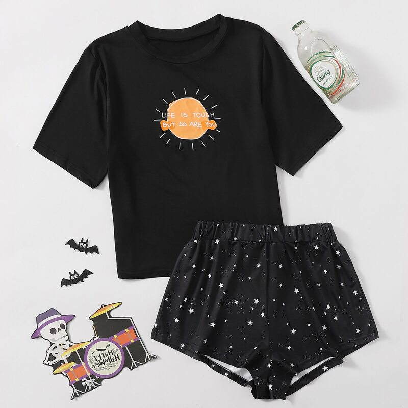 

Galaxy And Slogan Graphic Pajama Set, Black