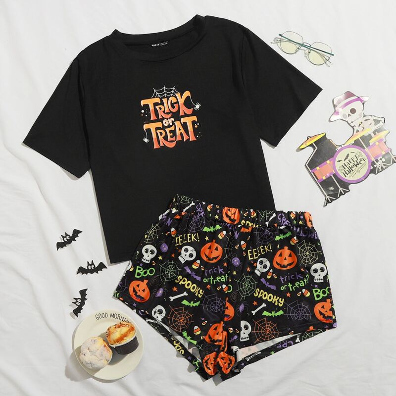 

Halloween And Slogan Graphic Pajama Set, Multicolor