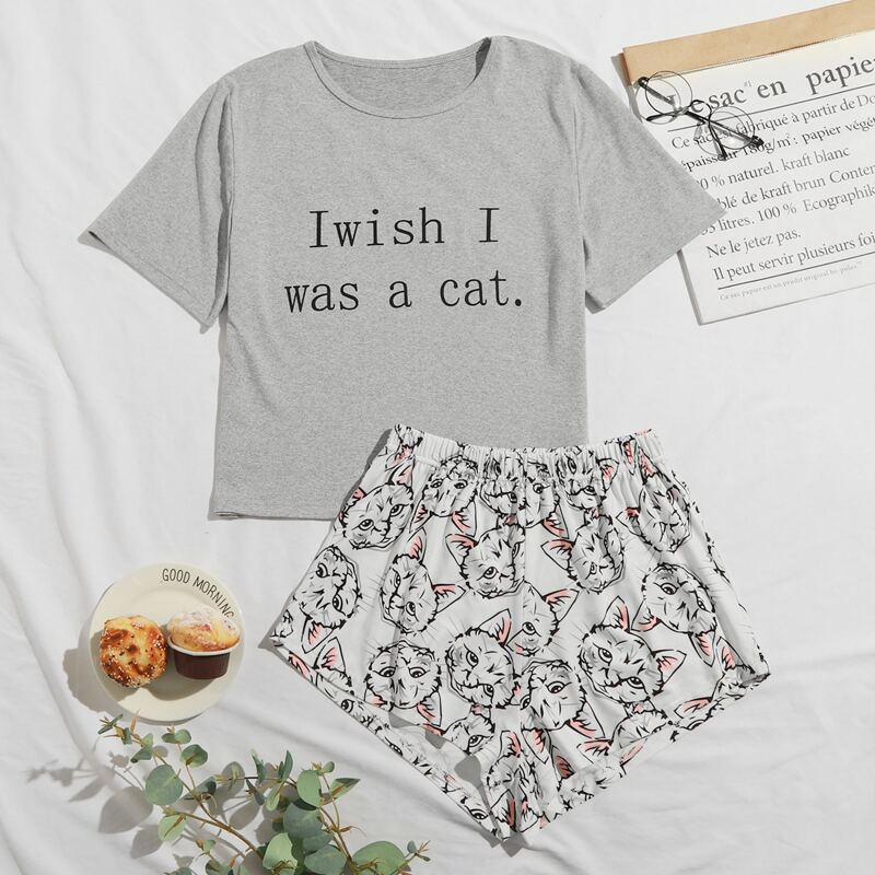 

Cartoon Cat And Slogan Graphic Pajama Set, Multicolor