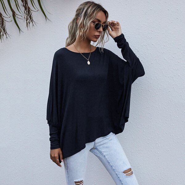 

Solid Batwing Sleeve Oversized Tee, Navy blue