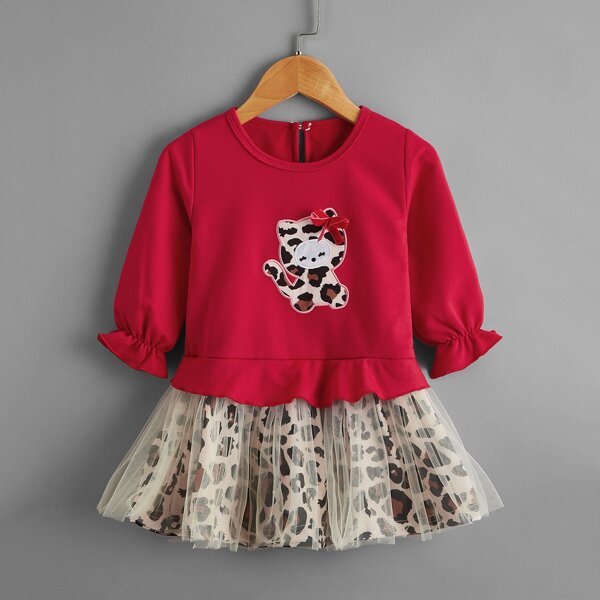

Baby Girl Leopard Print Flounce Sleeve Contrast Mesh Combo Dress, Multicolor