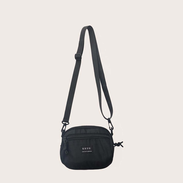 

Men Japanese Letter Patch Crossbody Bag, Black