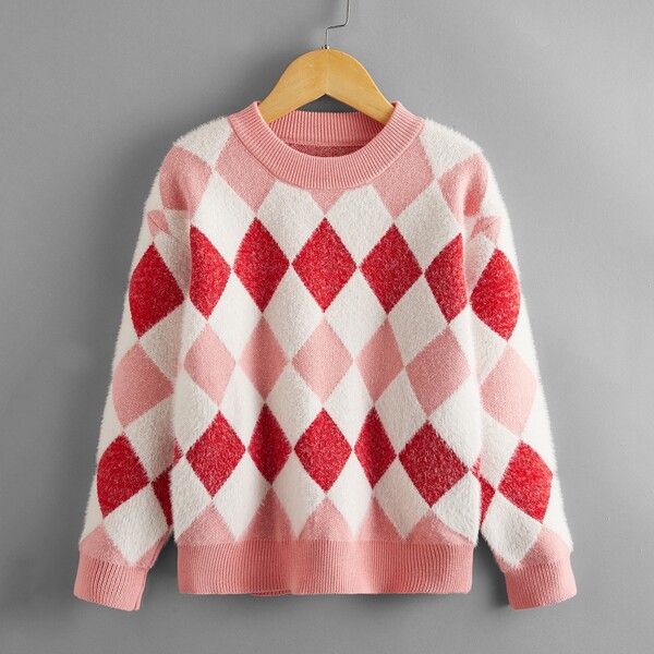 

Girls Argyle Pattern Drop Shoulder Sweater, Multicolor