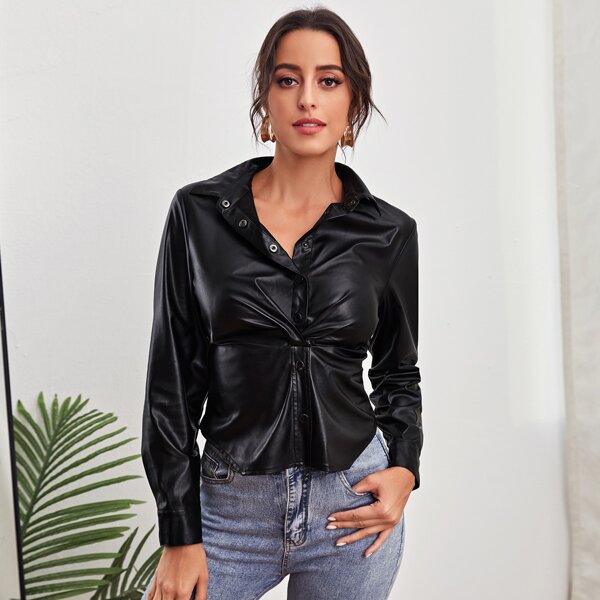 

Twist Front PU Leather Blouse, Black