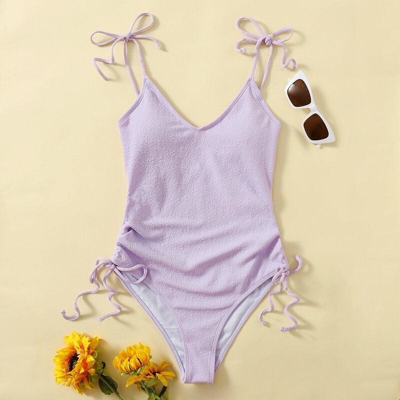 

Drawstring Side Tie Strap One Piece Swimsuit, Lilac purple