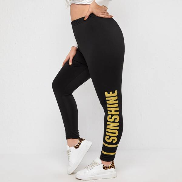 

Plus Striped Letter Graphic Leggings, Black