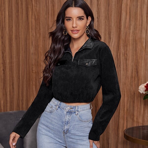 

PU Leather Panel Zip Half Placket Cord Sweatshirt, Black