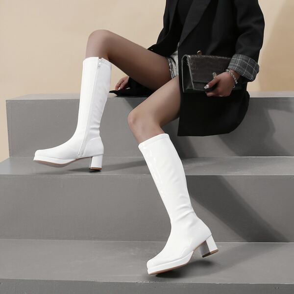 

Side Zip Patent Knee Boots, White