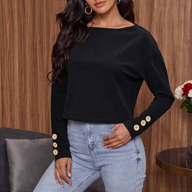 

Drop Shoulder Button Detail Tee, Black