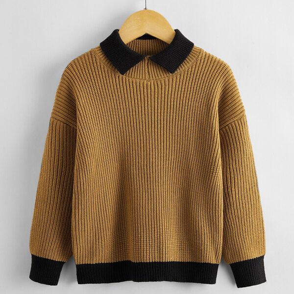 

Toddler Boys Ribbed Knit Contrast Collar Drop Shoulder Sweater, Brown