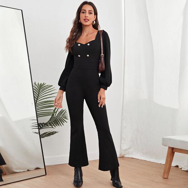 

Sweetheart Neck Double Button Detail Lantern Sleeve Jumpsuit, Black
