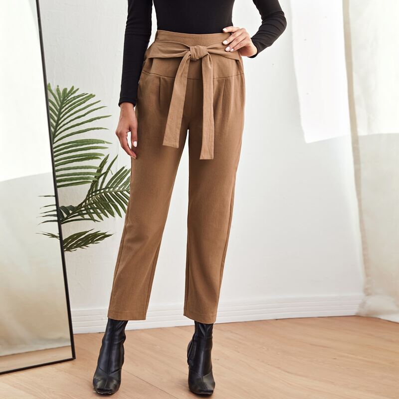 

Elastic Waist Tie Front Pants, Camel