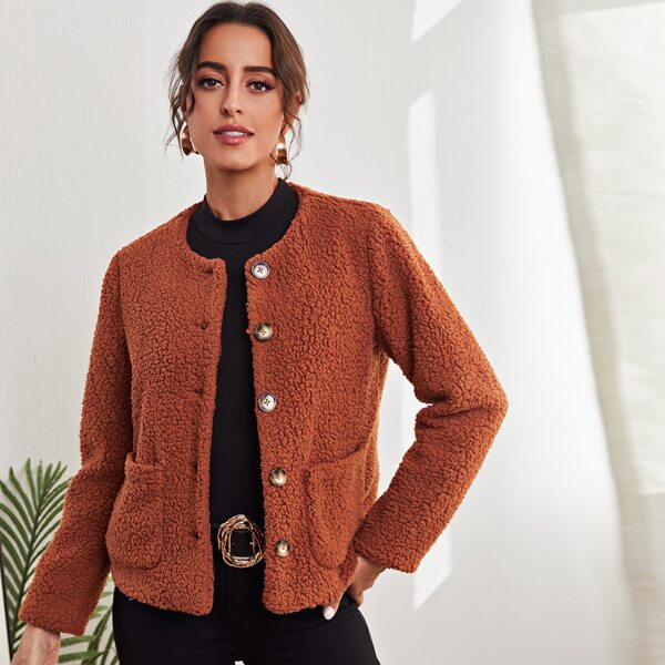 

Patch Pocket Button Placket Teddy Jacket, Rust brown