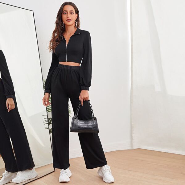 

Zipper Placket Crop Sweatshirt & Palazzo Pants Set, Black
