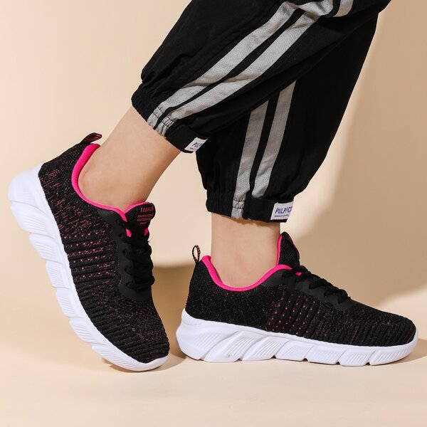 

Lace Up Front Low Top Knit Sneakers, Black