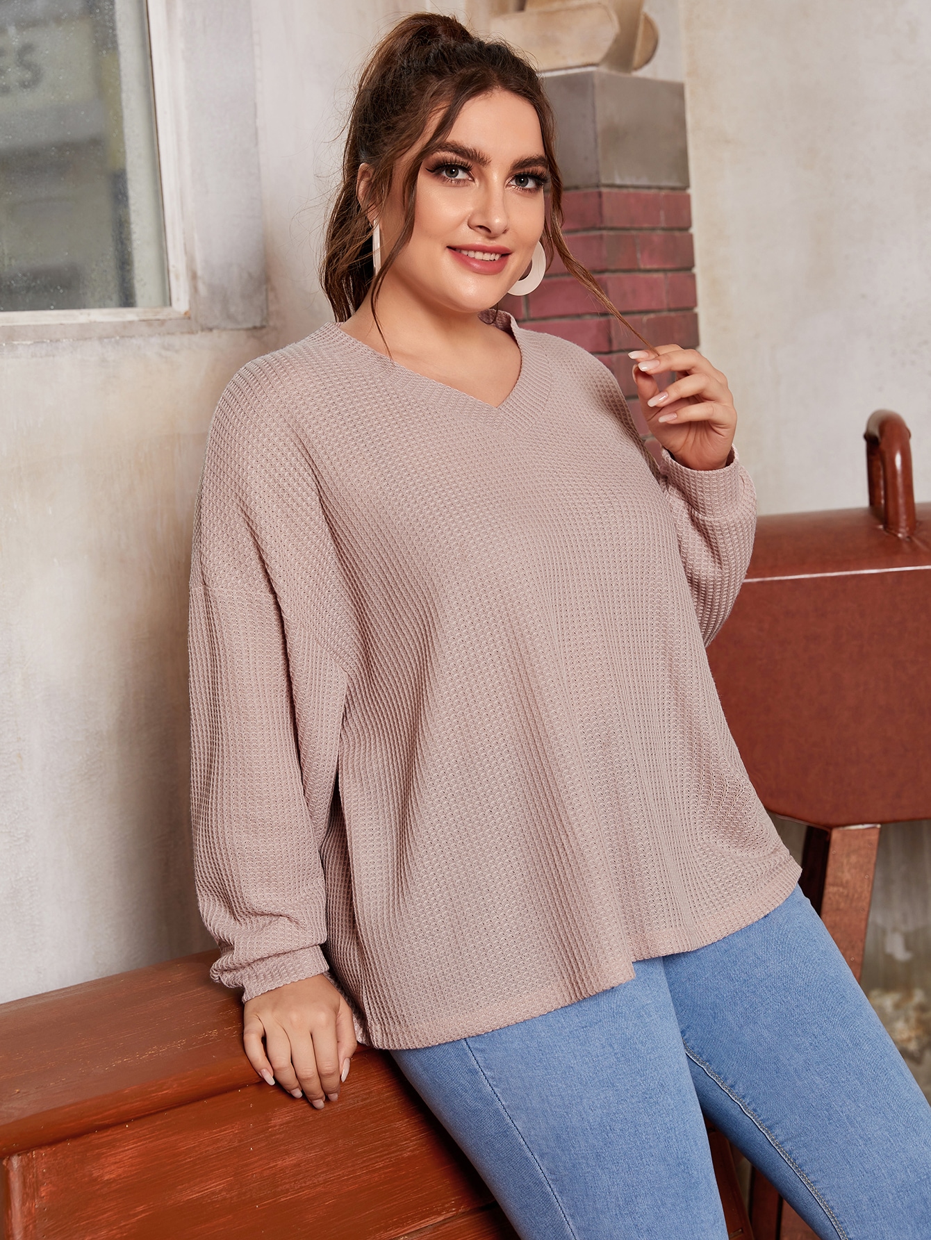 Plus V-neck Drop Shoulder Waffle Knit Top thumbnail