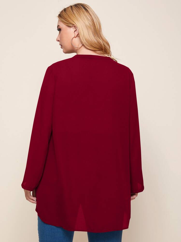 Plus Notched Neck Roll Up Sleeve Dip Hem Top