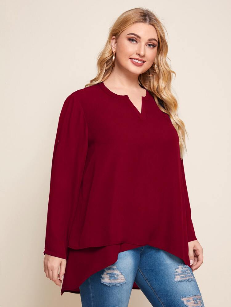 Plus Notched Neck Roll Up Sleeve Dip Hem Top