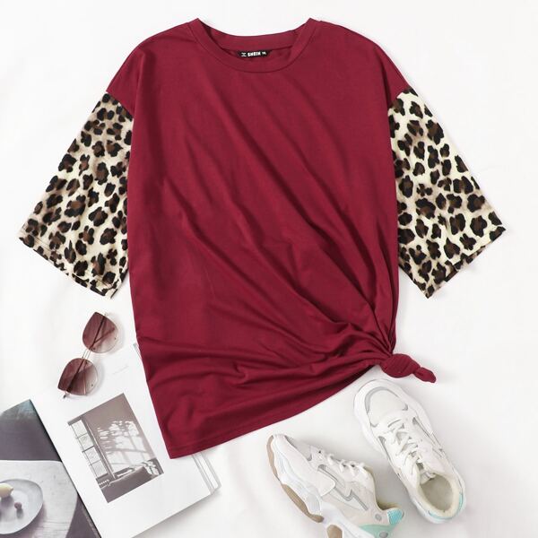 

Plus Leopard Sleeve Drop Shoulder Longline Tee, Burgundy